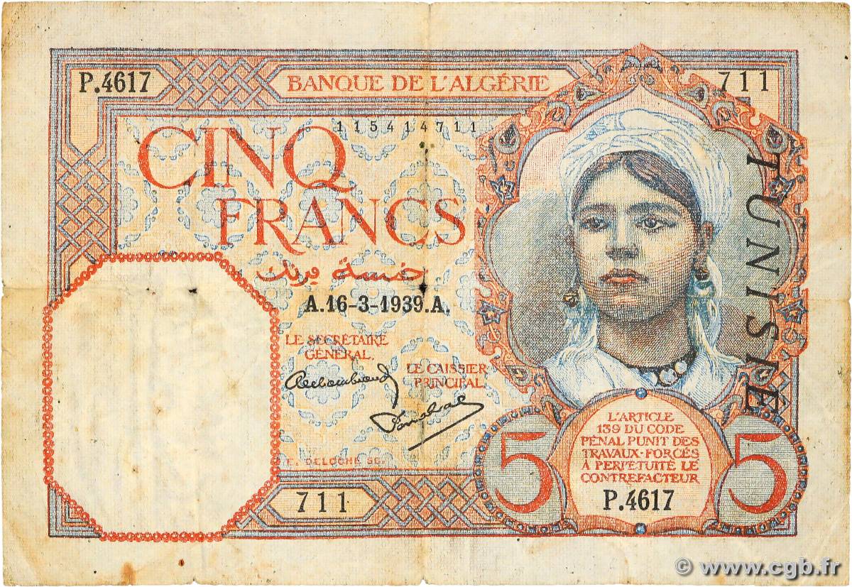 5 Francs TUNISIE  1939 P.08b TB