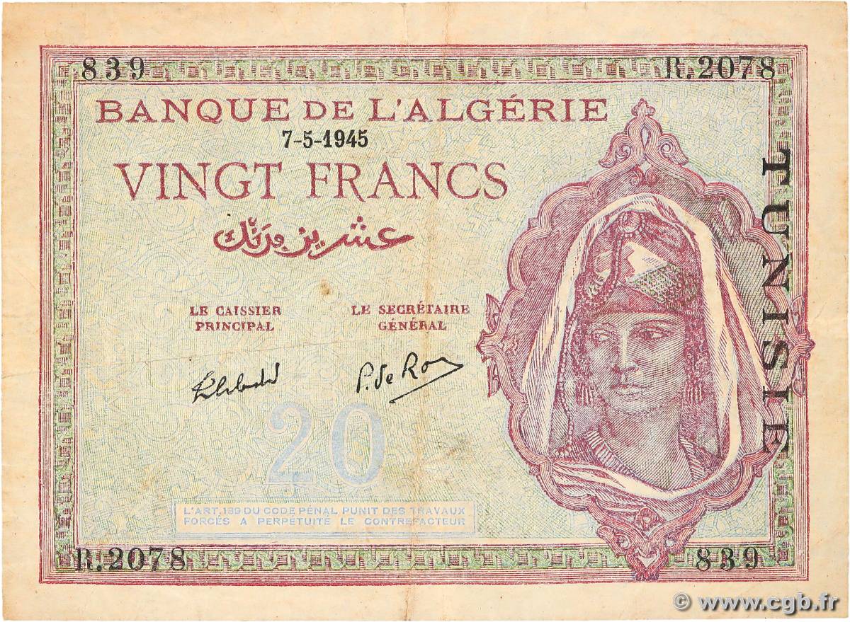 20 Francs TUNISIA  1945 P.18 F