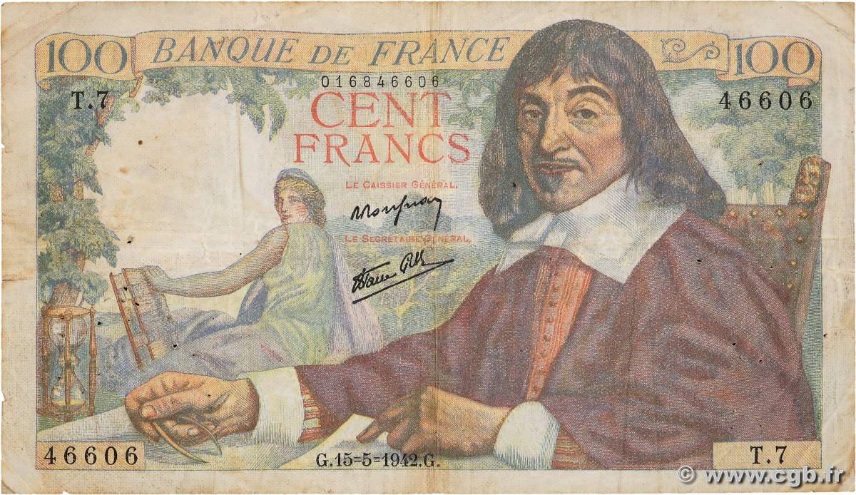 100 Francs DESCARTES FRANCIA  1942 F.27.01 MB