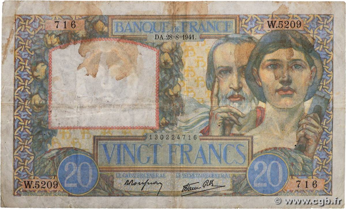 20 Francs TRAVAIL ET SCIENCE FRANCE  1941 F.12.17 TB