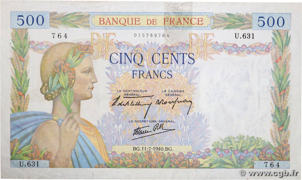 500 Francs LA PAIX FRANCE  1940 F.32.04 TB