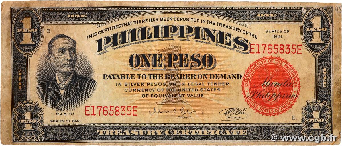 1 Peso PHILIPPINEN  1941 P.089a fS