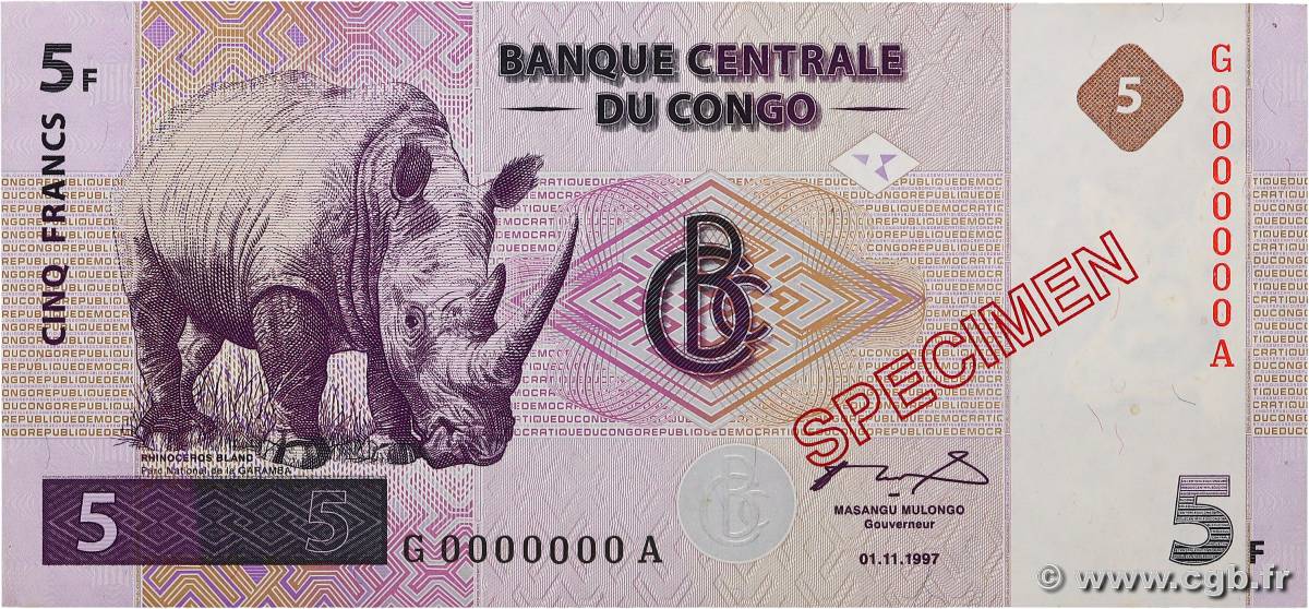 5 Francs Spécimen CONGO, DEMOCRATIQUE REPUBLIC  1997 P.086s AU