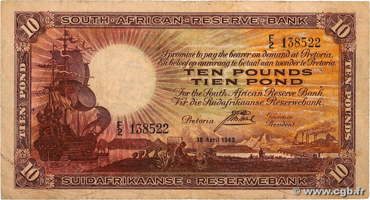 10 Pounds SOUTH AFRICA  1943 P.087 F