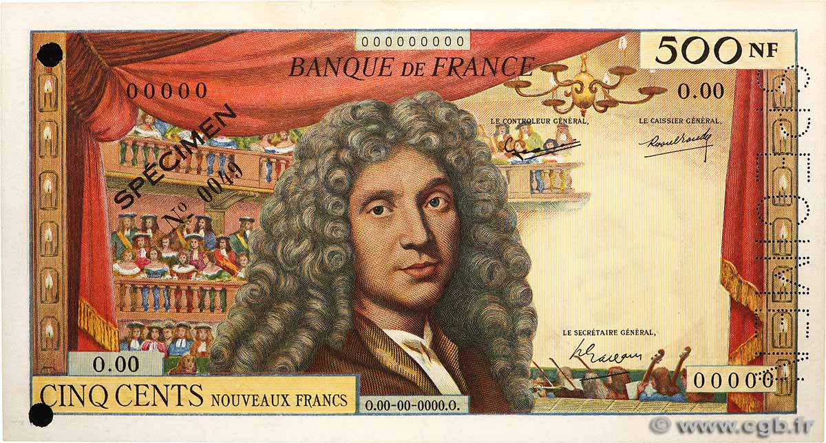 500 Nouveaux Francs MOLIÈRE Spécimen FRANCE  1959 F.60.01Spn SPL