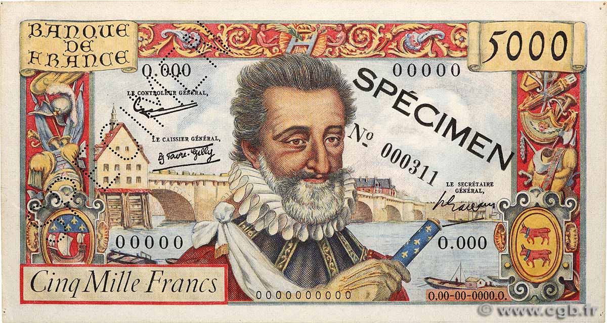 5000 Francs HENRI IV Spécimen FRANKREICH  1957 F.49.01Spn VZ+
