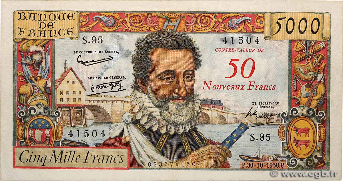 50 NF sur 5000 Francs HENRI IV FRANCE  1958 F.54.01 pr.SUP