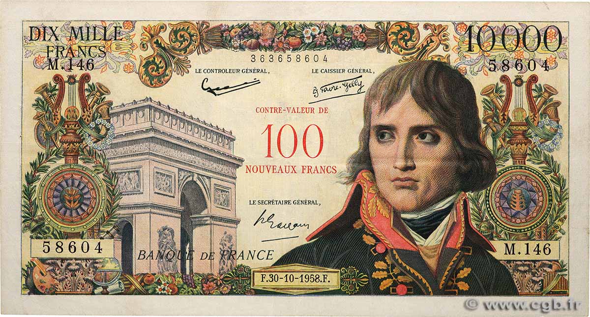 100 NF sur 10000 Francs BONAPARTE FRANCE  1958 F.55.01 VF+