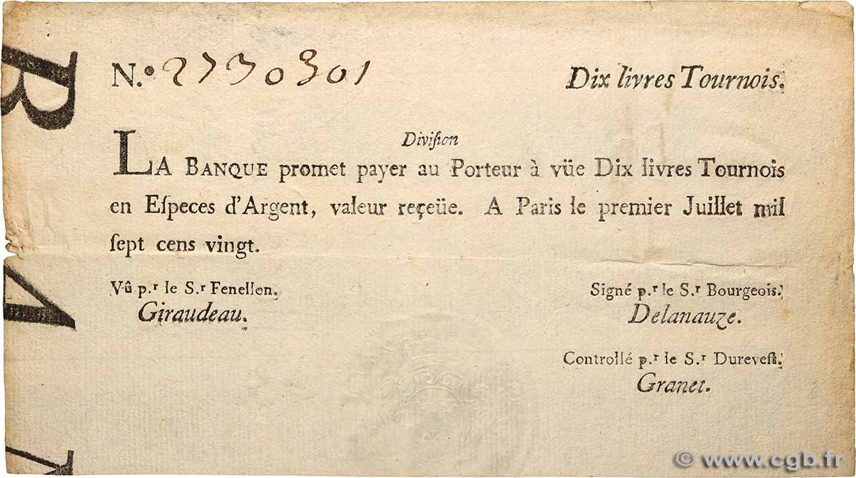 10 Livres Tournois typographié FRANCE  1720 Dor.22 TTB+