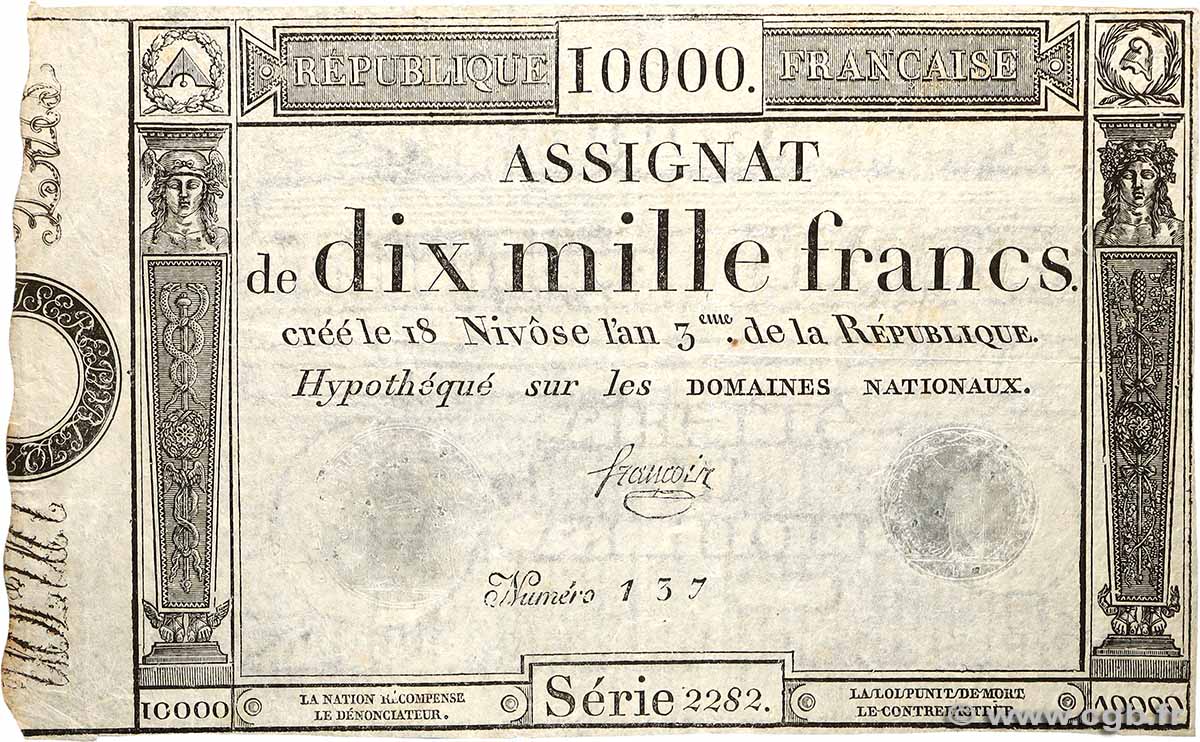 10000 Francs FRANCE  1795 Ass.52a TTB