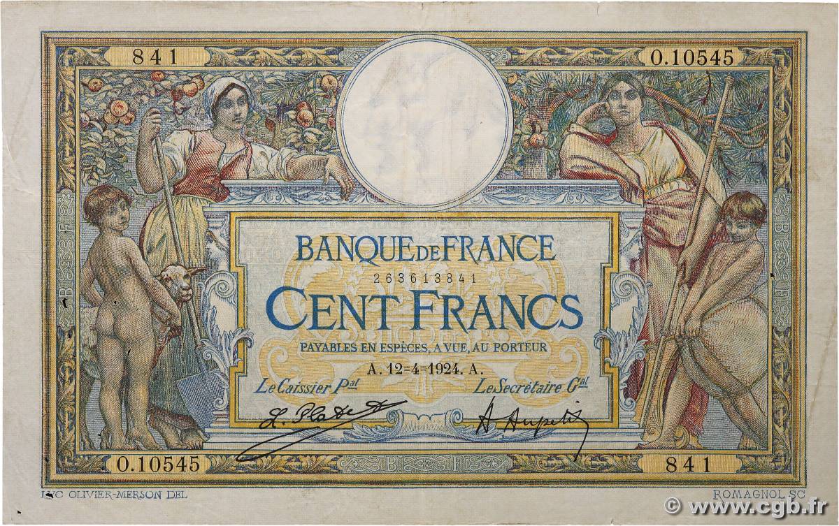 100 Francs LUC OLIVIER MERSON grands cartouches FRANCE  1924 F.24.02 TB