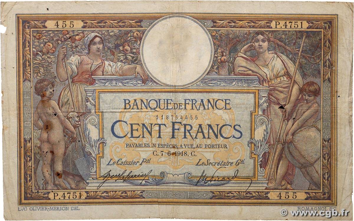 100 Francs LUC OLIVIER MERSON sans LOM FRANCE  1918 F.23.10 VG