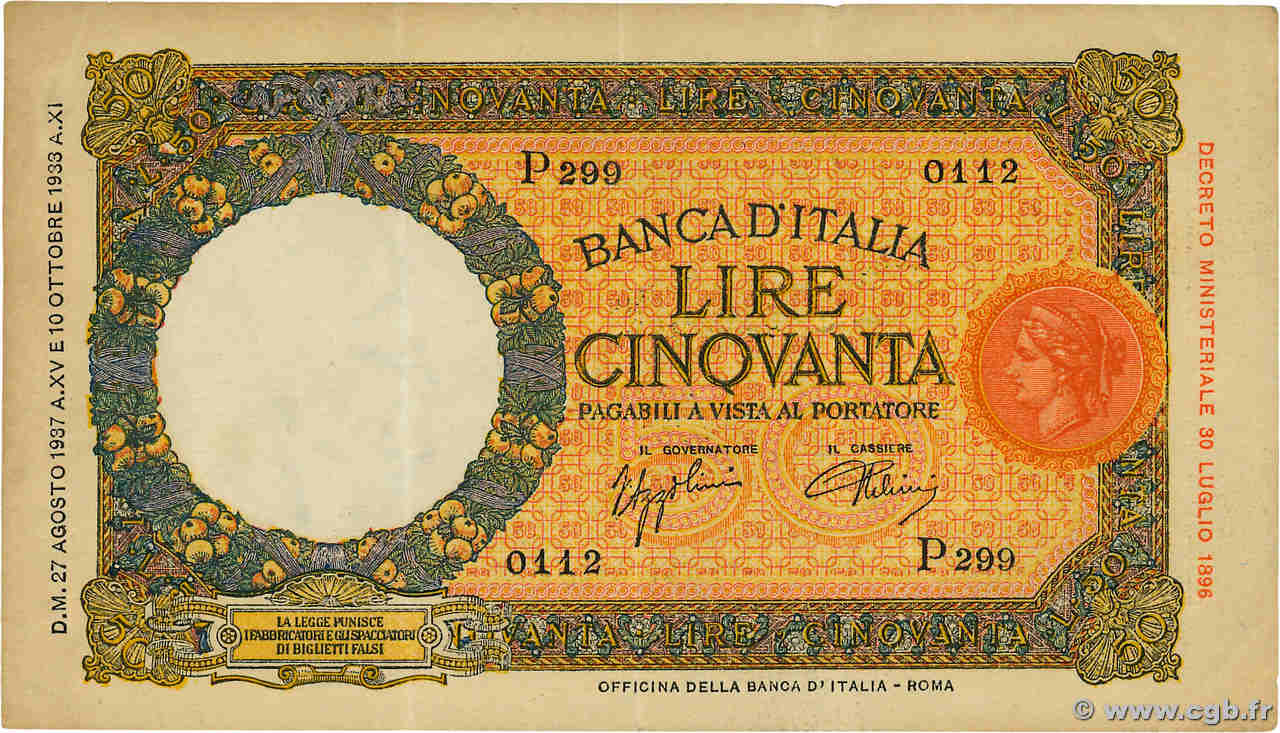 50 Lire ITALY  1937 P.054b VF