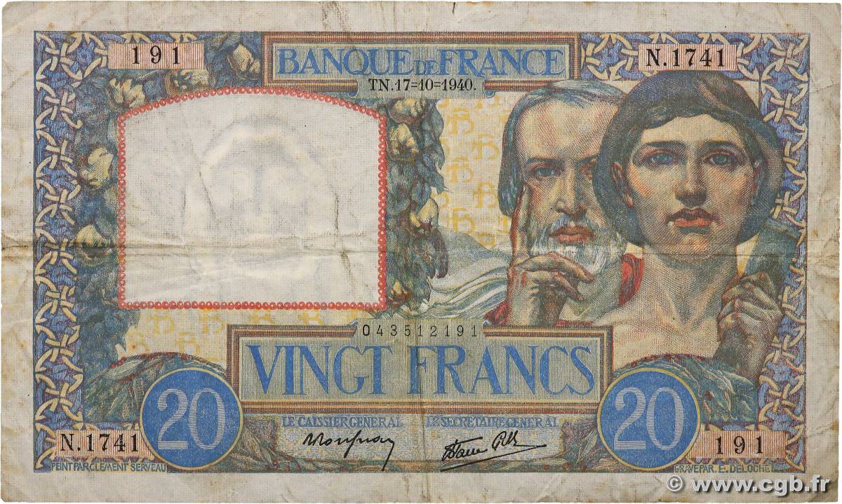 20 Francs TRAVAIL ET SCIENCE FRANCE  1940 F.12.09 F