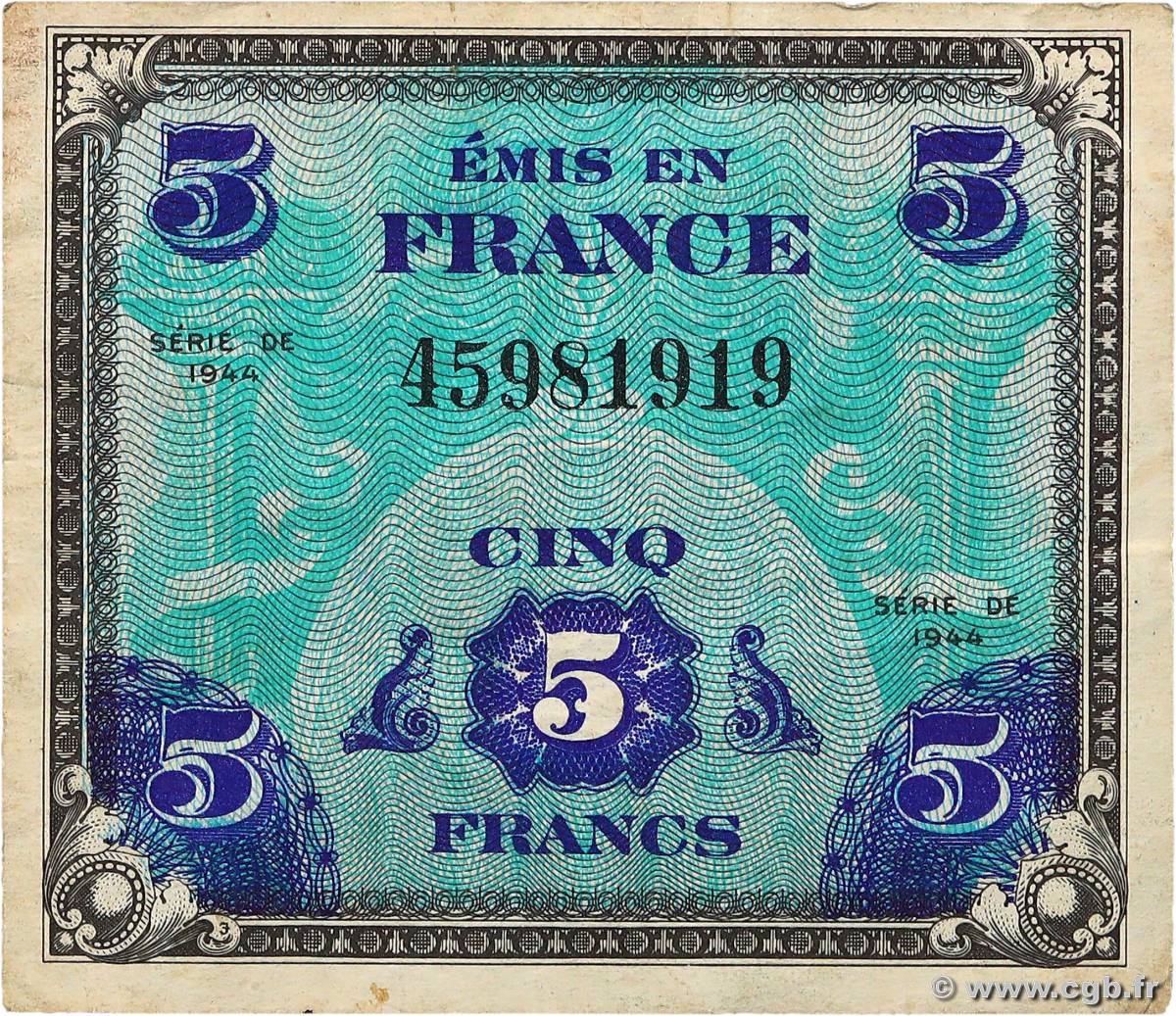 5 Francs DRAPEAU FRANCE  1944 VF.17.01 F+