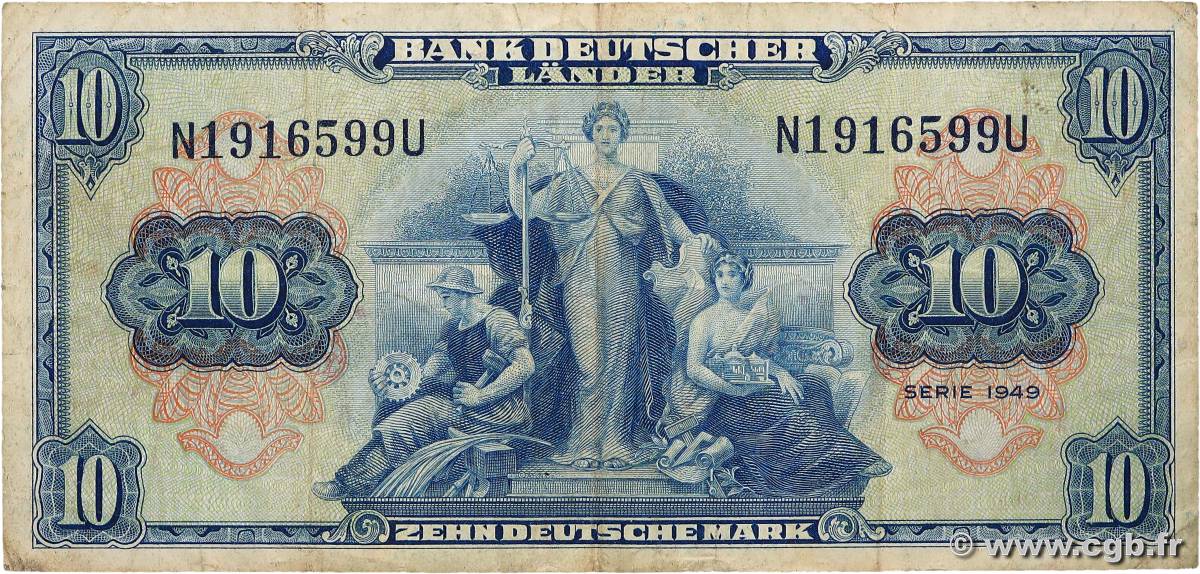 10 Deutsche Mark GERMAN FEDERAL REPUBLIC  1949 P.16a F+