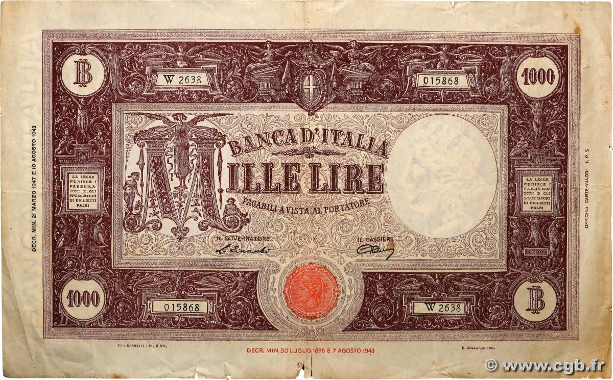 1000 Lire ITALIE  1947 P.072c TB
