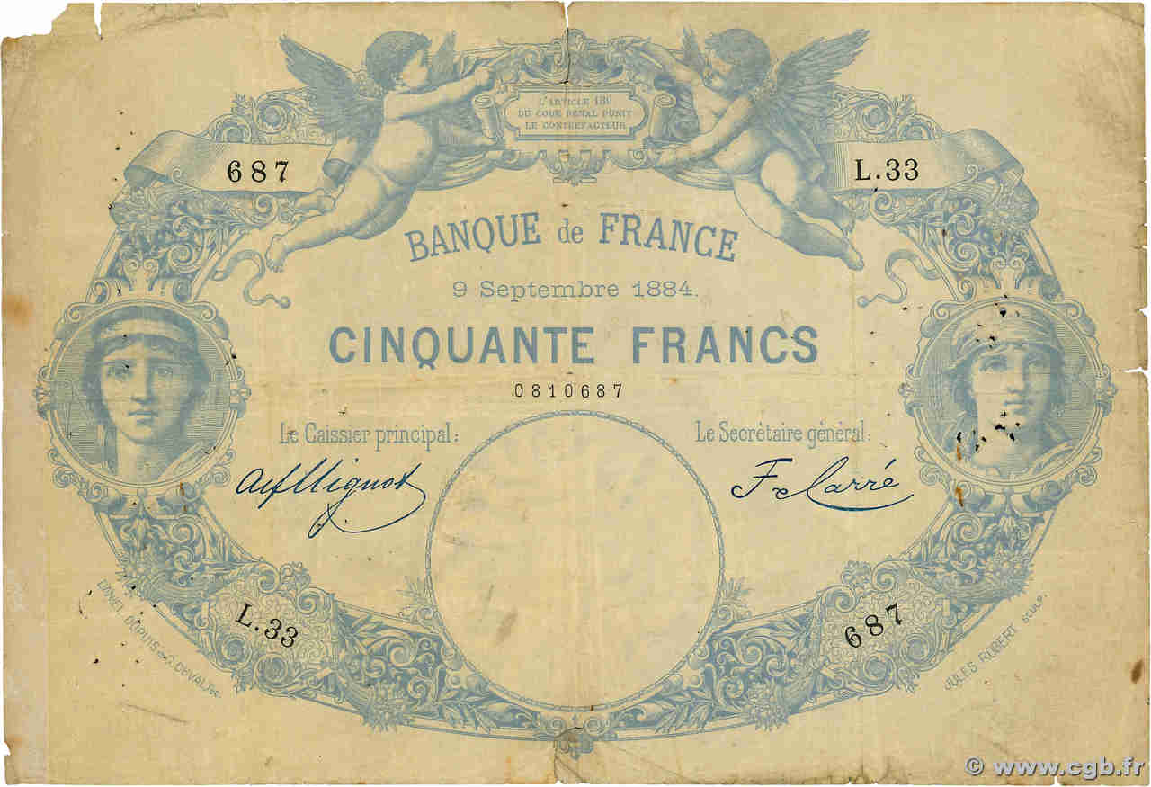 50 Francs type 1884 - À filigrane dégagé FRANCE  1884 F.A47.01 B+