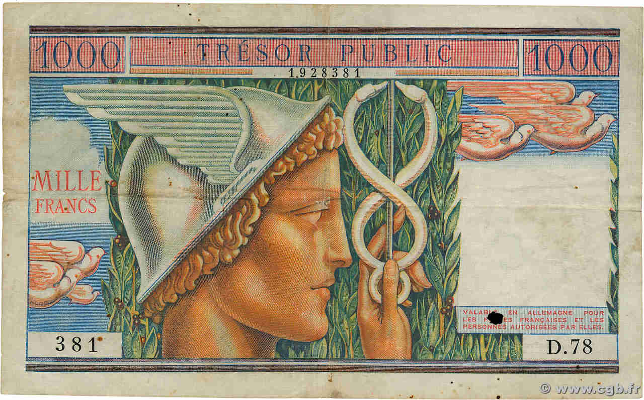 1000 Francs TRÉSOR PUBLIC FRANCE  1955 VF.35.01 TB