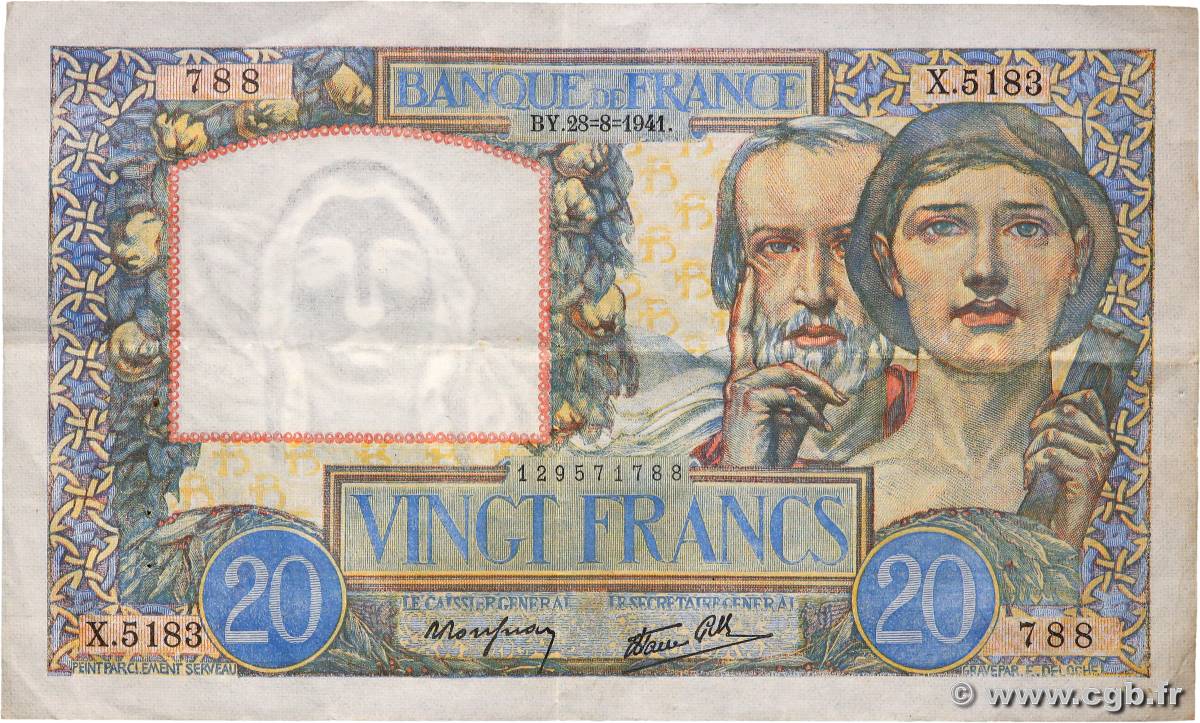 20 Francs TRAVAIL ET SCIENCE FRANCE  1941 F.12.17 VF