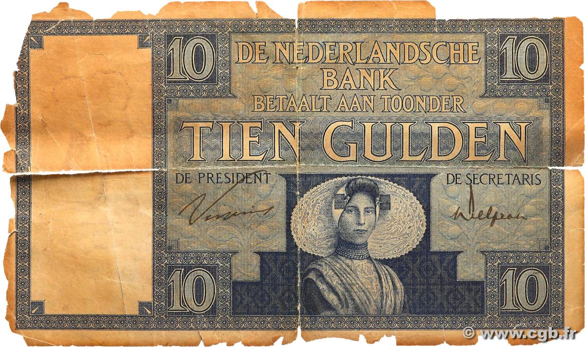 10 Gulden NETHERLANDS  1924 P.043a P