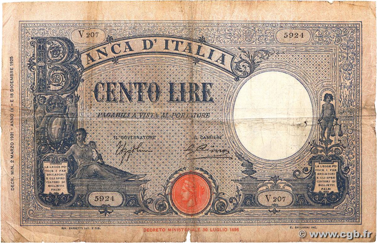 100 Lire ITALIEN  1931 P.050c fS