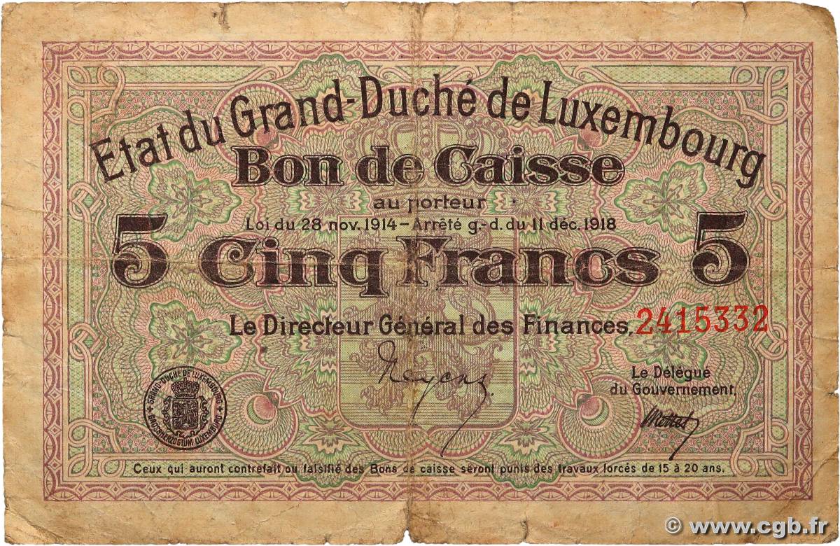 5 Francs LUXEMBOURG  1919 P.29c VG