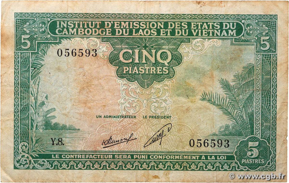 5 Piastres - 5 Kip INDOCHINE FRANÇAISE  1953 P.101 TB