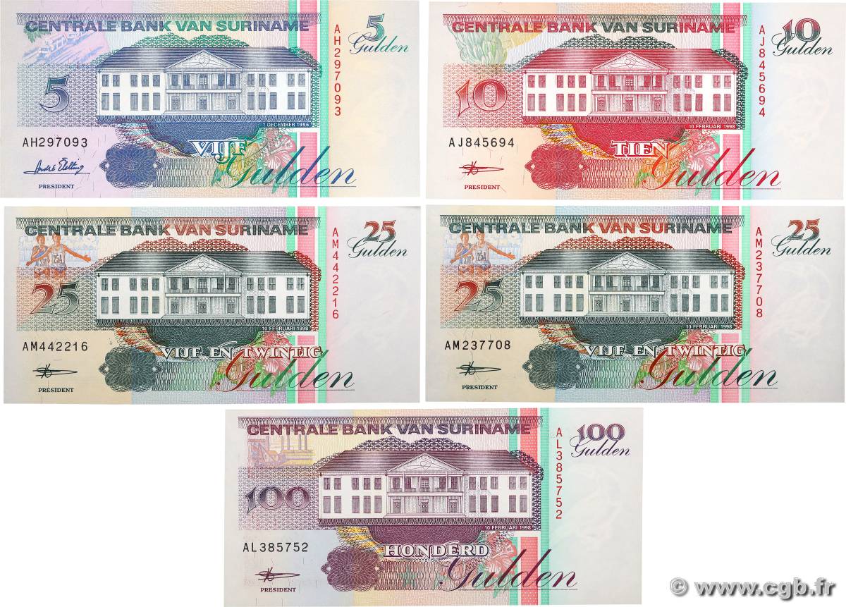 5 au 100 Gulden Lot SURINAM  1995 P.136b, P.137b, P.138db et P.139b NEUF