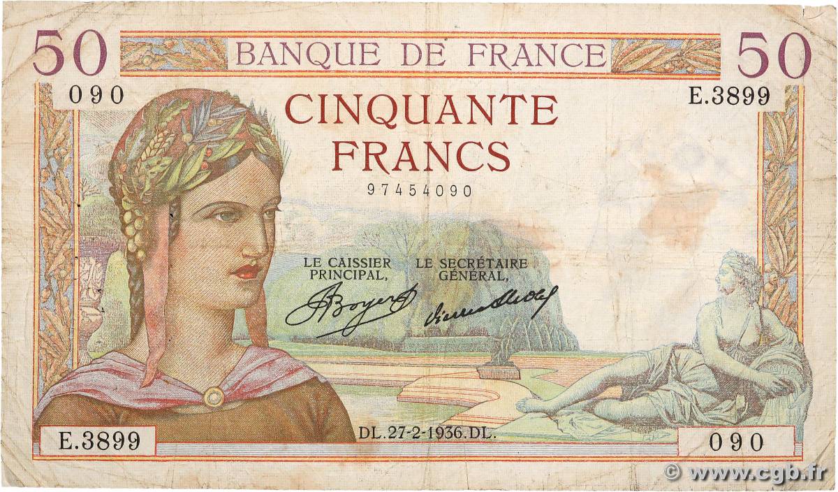 50 Francs CÉRÈS FRANCE  1936 F.17.22 VG