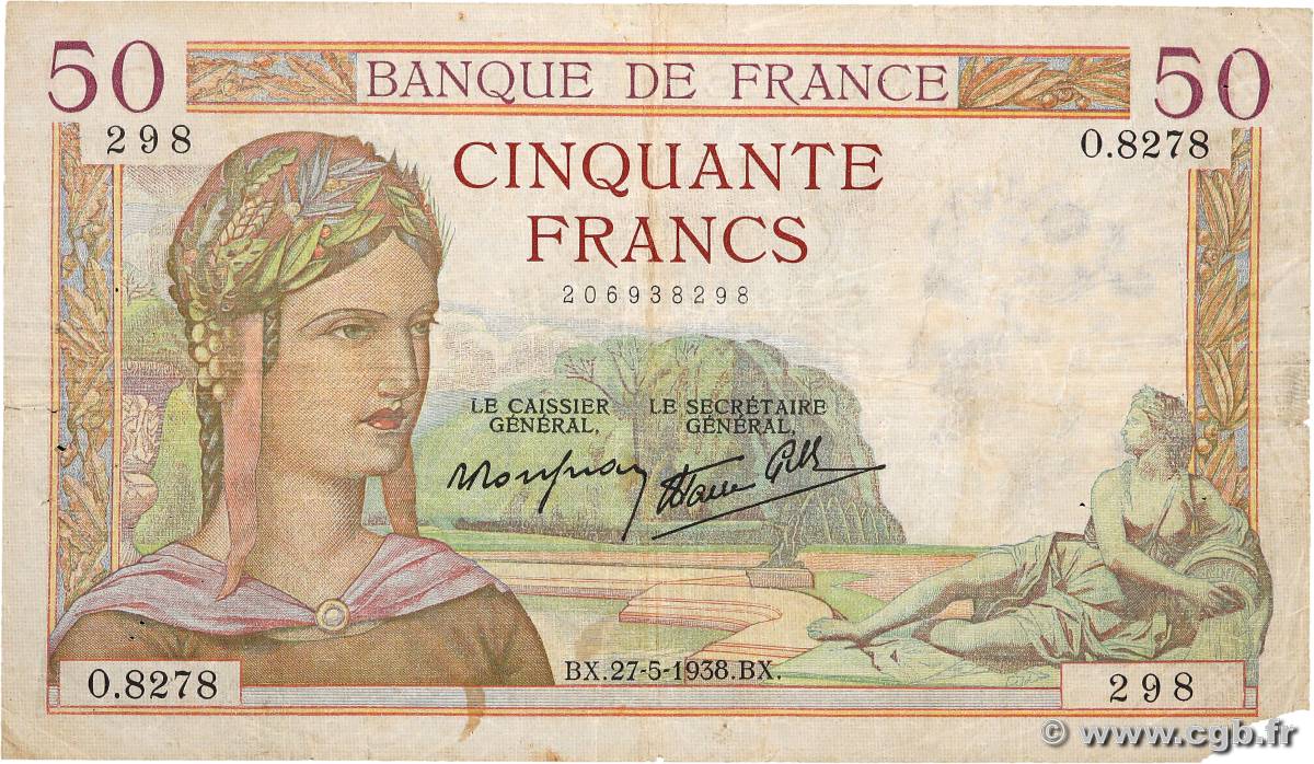 50 Francs CÉRÈS modifié FRANCE  1938 F.18.13 B+