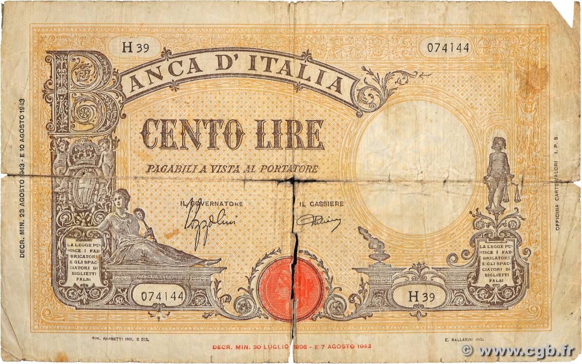 100 Lire ITALIA  1943 P.067a MC