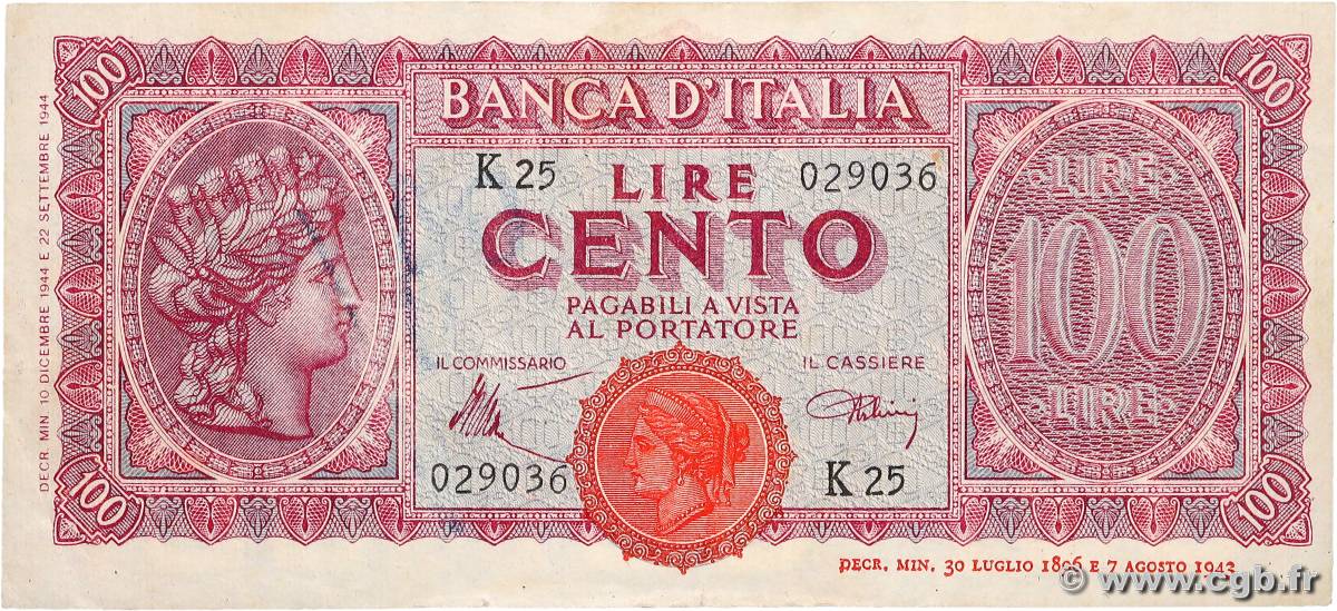 100 Lire ITALIA  1944 P.075a MBC+