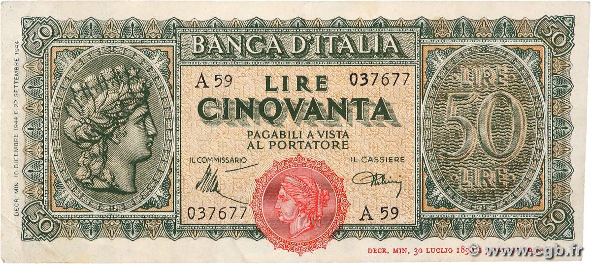 50 Lire ITALY  1944 P.074 VF