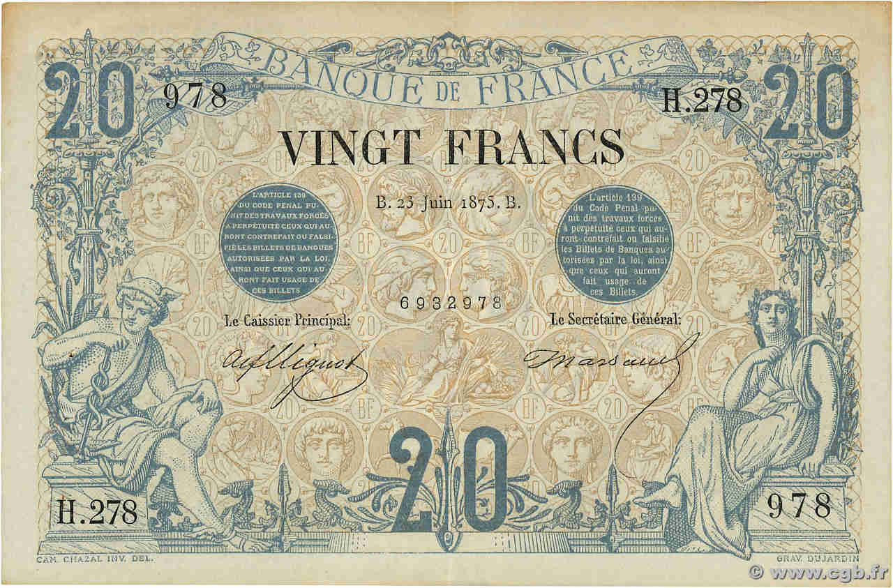 20 Francs NOIR FRANCE  1875 F.09.02 XF-