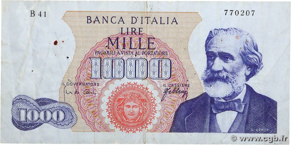 1000 Lire ITALY  1966 P.096d F+