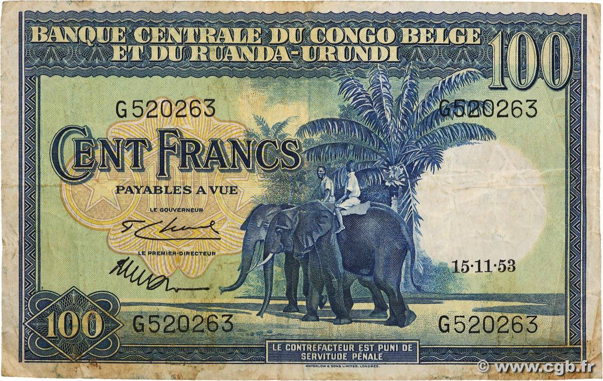 100 Francs BELGA CONGO  1953 P.25a BC+