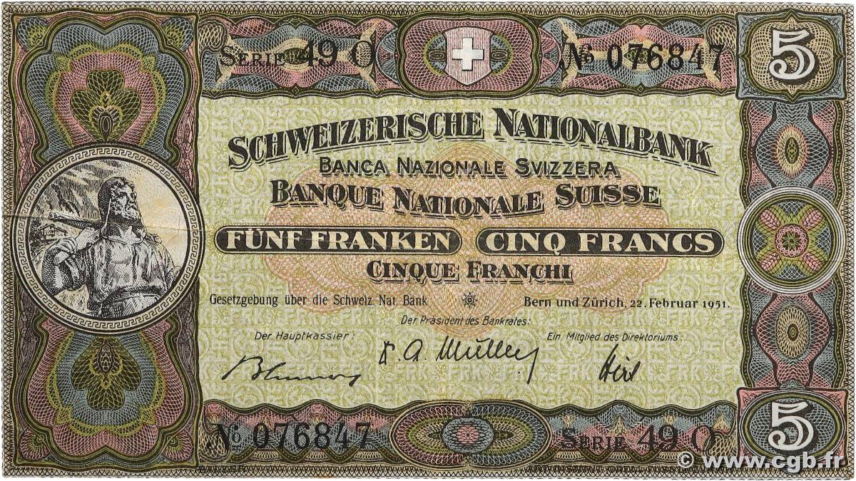 5 Francs SUISSE  1951 P.11o TTB