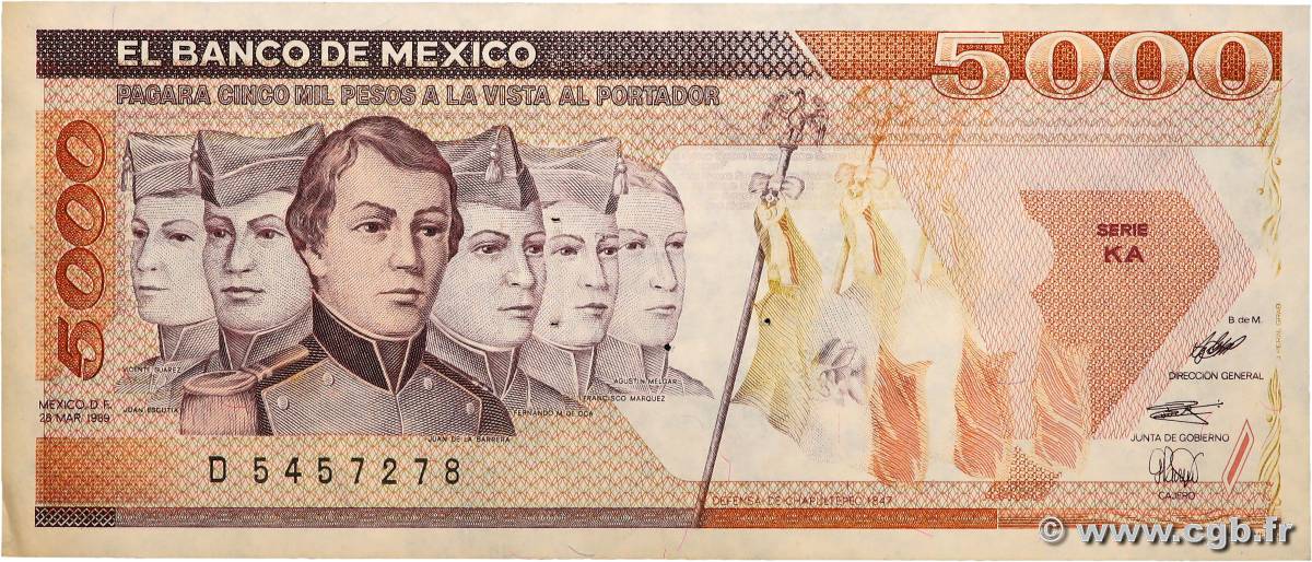 5000 Pesos MEXICO  1989 P.088c fVZ