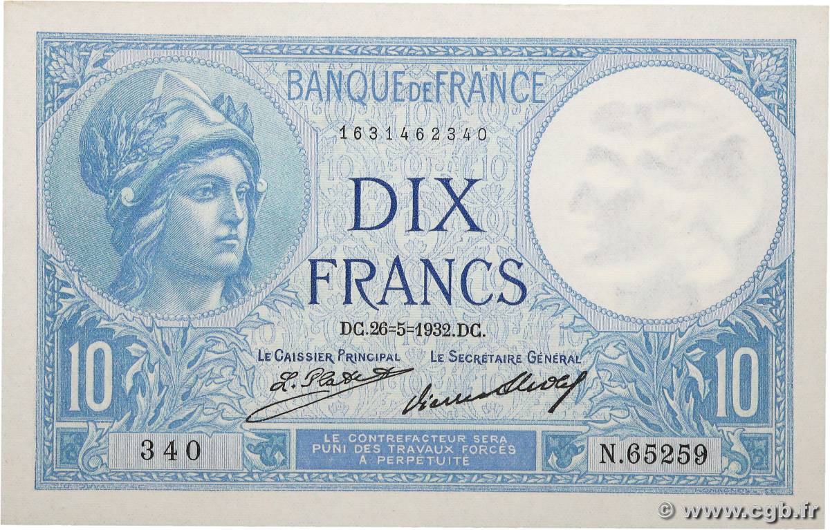 10 Francs MINERVE FRANCE  1932 F.06.16 pr.NEUF