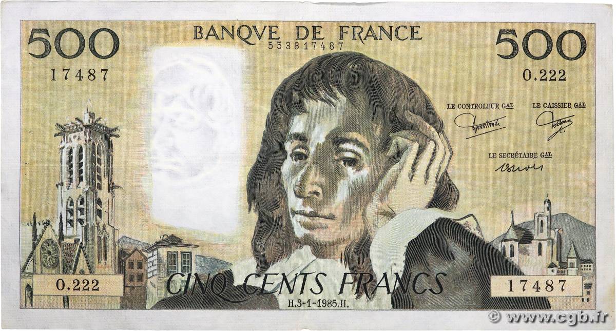 500 Francs PASCAL FRANKREICH  1985 F.71.32 fSS