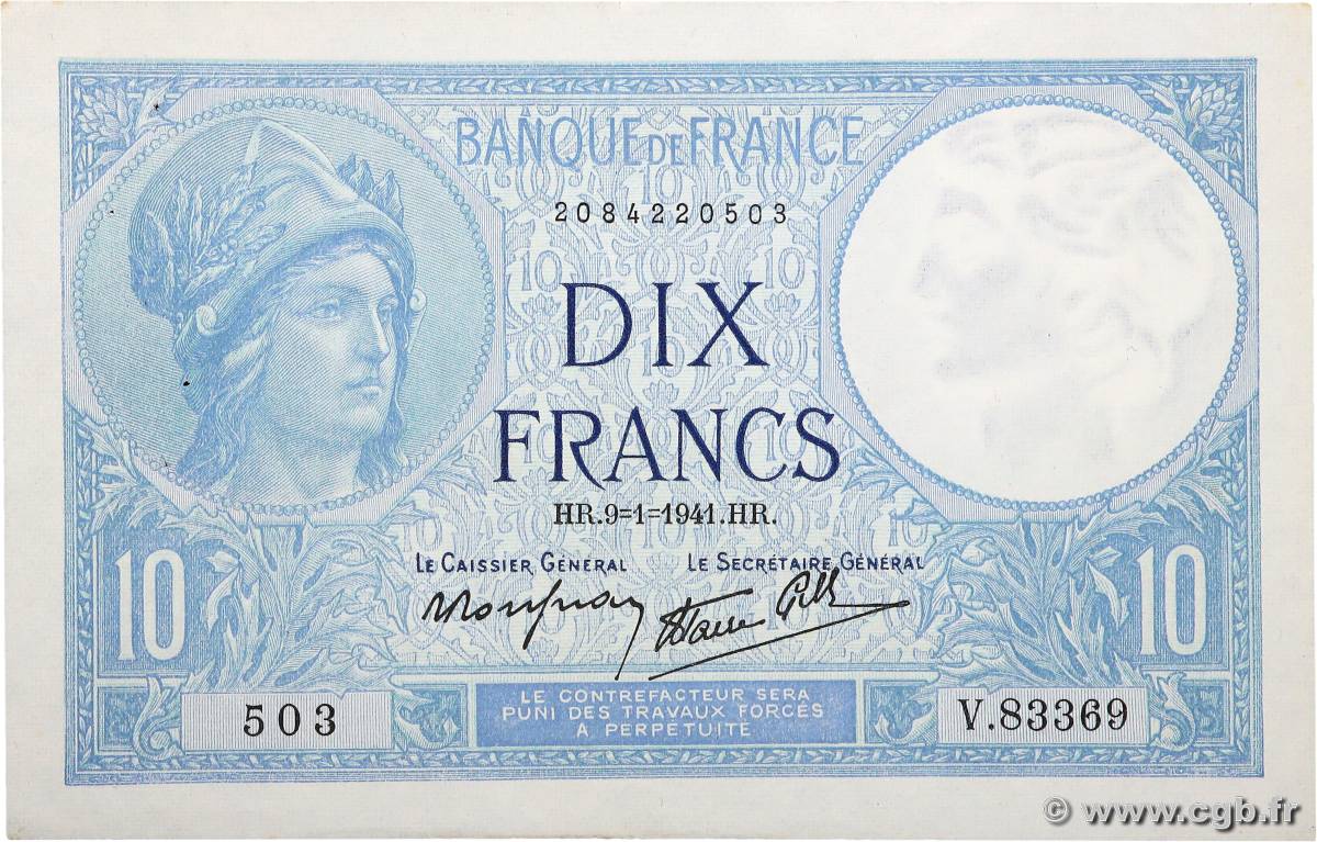 10 Francs MINERVE modifié FRANCIA  1941 F.07.27 EBC