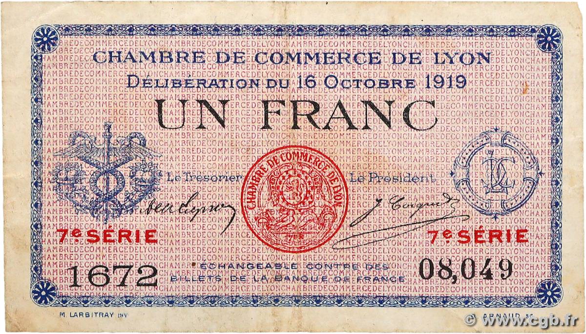 1 Franc FRANCE régionalisme et divers Lyon 1919 JP.077.19 TB