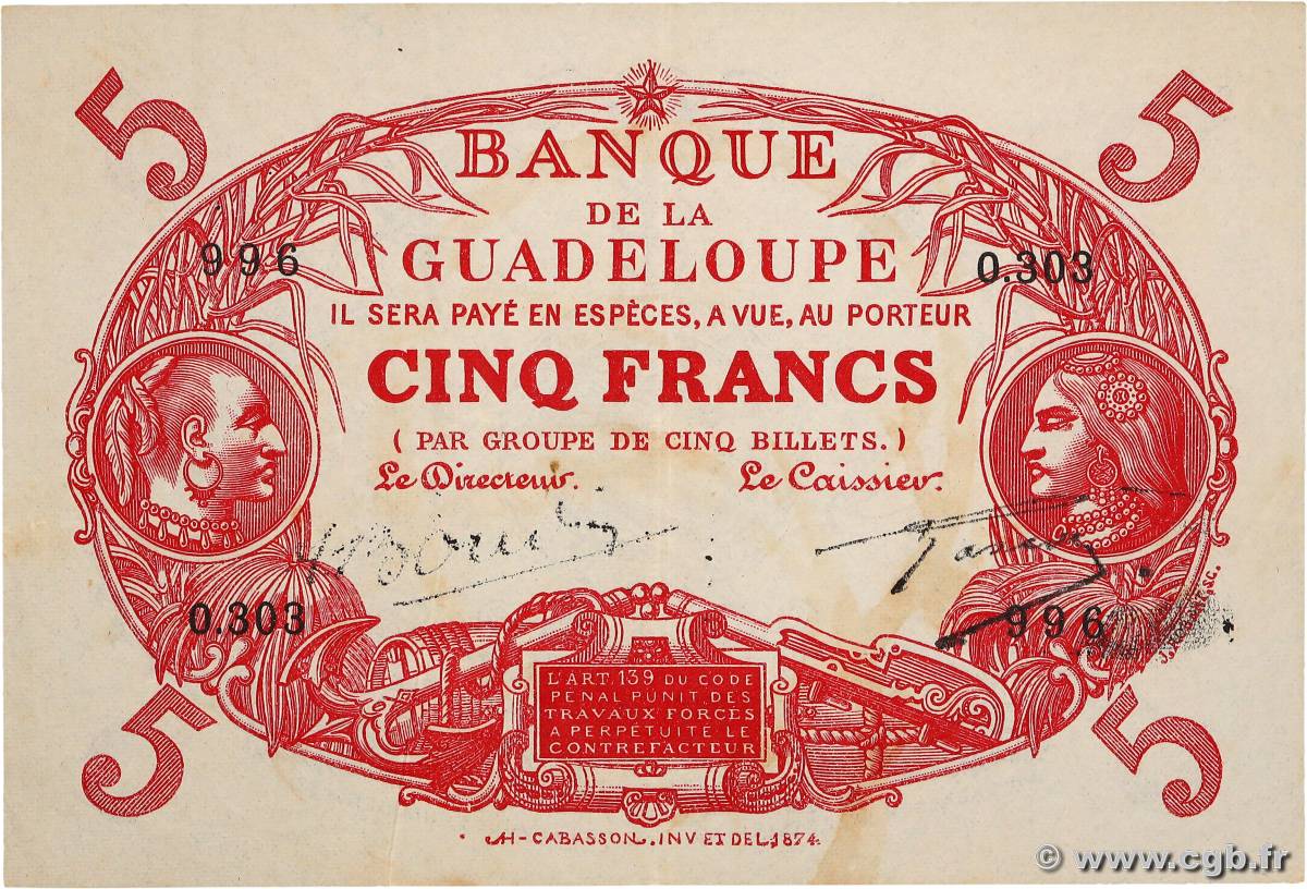 5 Francs Cabasson rouge GUADELOUPE  1943 P.07c fVZ