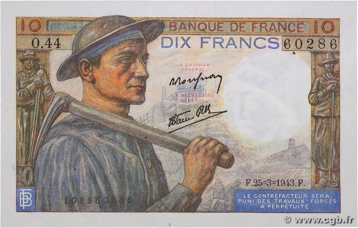 10 Francs MINEUR FRANCE  1943 F.08.08 pr.SPL