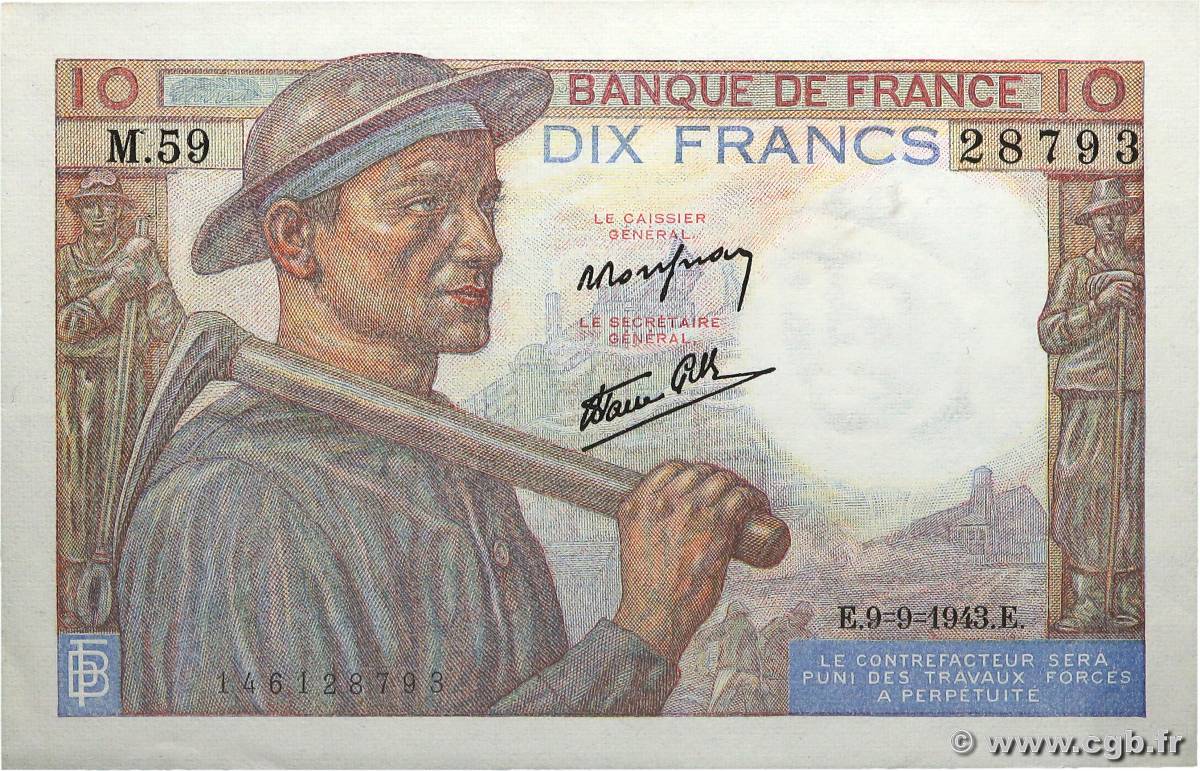 10 Francs MINEUR FRANCE  1943 F.08.09 XF