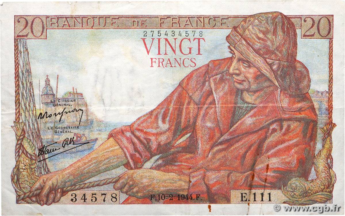 20 Francs PÊCHEUR FRANCE  1944 F.13.08 VF