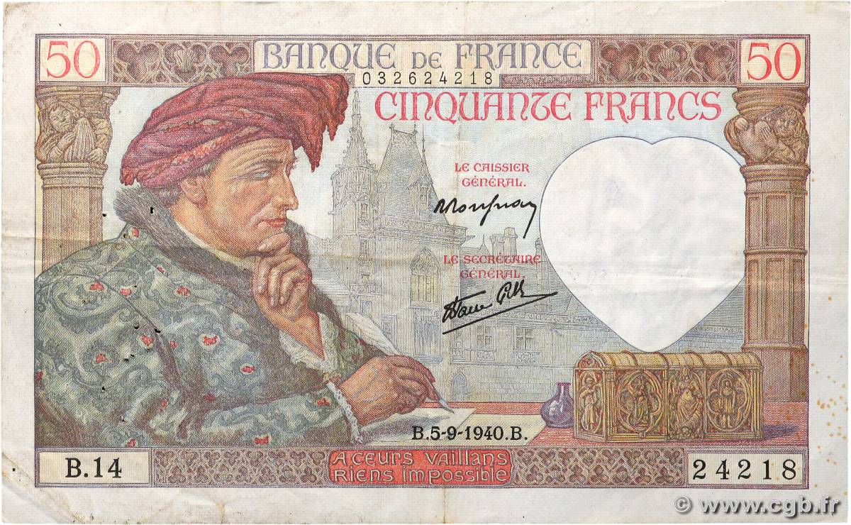 50 Francs JACQUES CŒUR FRANCE  1940 F.19.02 TB
