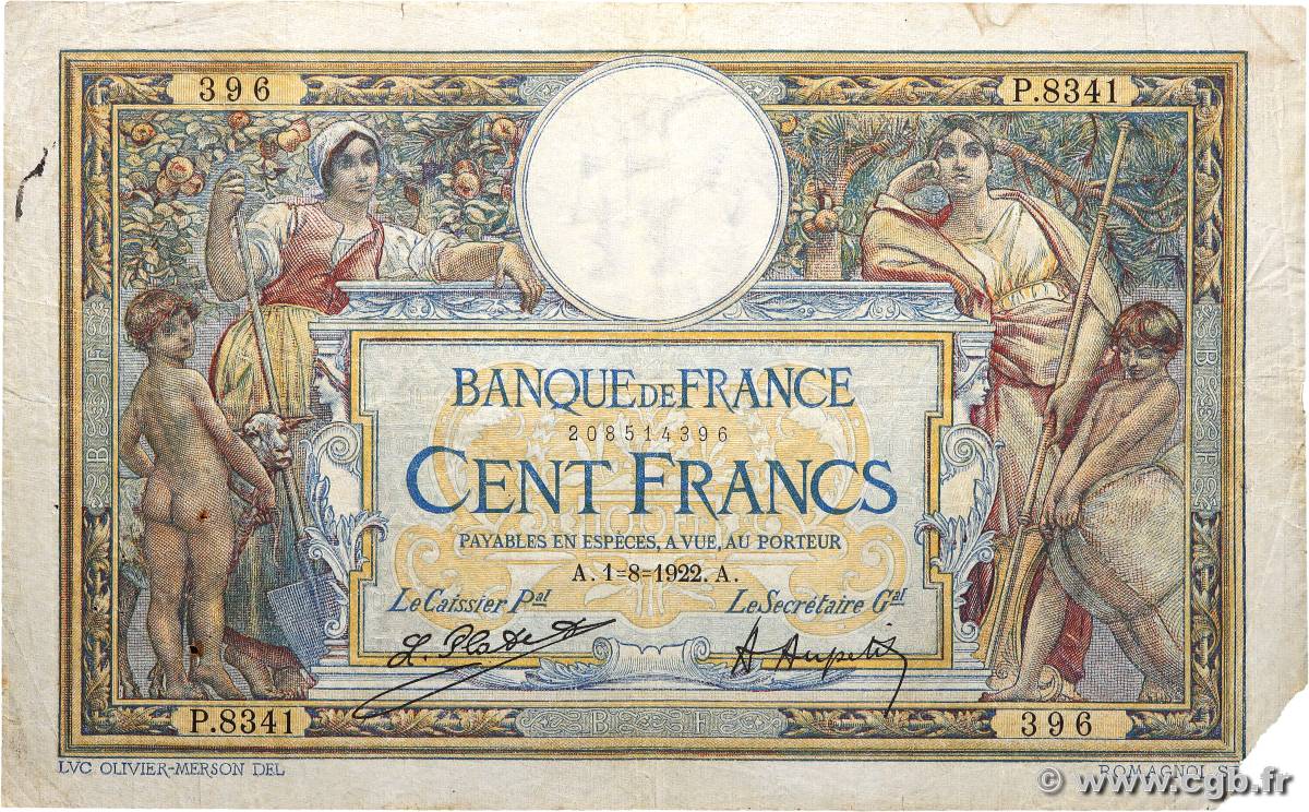 100 Francs LUC OLIVIER MERSON sans LOM FRANCE  1922 F.23.15 B+