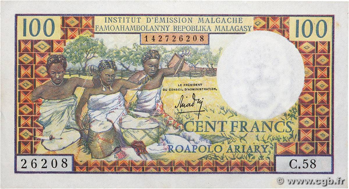 100 Francs - 20 Ariary MADAGASCAR  1966 P.057a SPL+